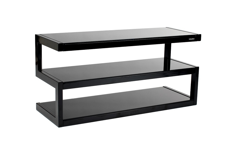 Mediabänk i pianosvart finish med två svarta glasytor och stilren design.