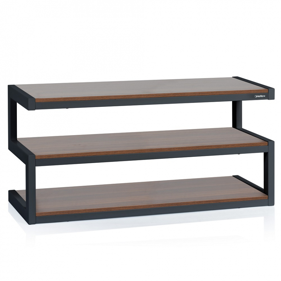 Mediabänk med tre hyllor i svart och valnöt. Modern design, stilren och funktionell.