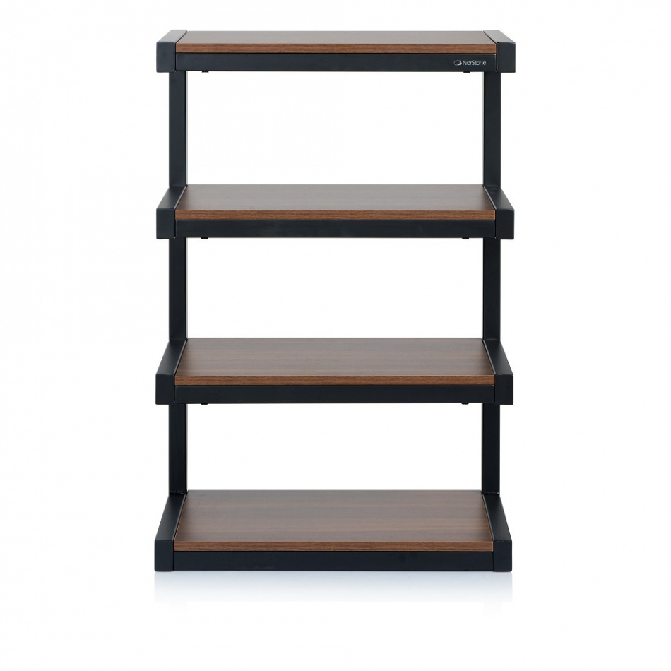 Hifi-rack med fyra hyllor i svart och valnöt finish.