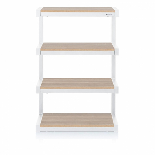 Hifi-rack med fyra hyllor, vit ram och ekfärgad yta.