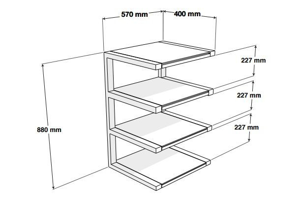 Hifi-rack med fyra hyllplan, mått och design i vit och ek.
