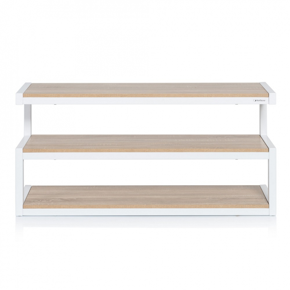 Mediabänk med tre hyllor i vit och ekfärgad design.