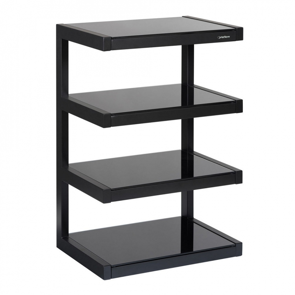 Mattsvart stereobänk med fyra svarta hyllplan.