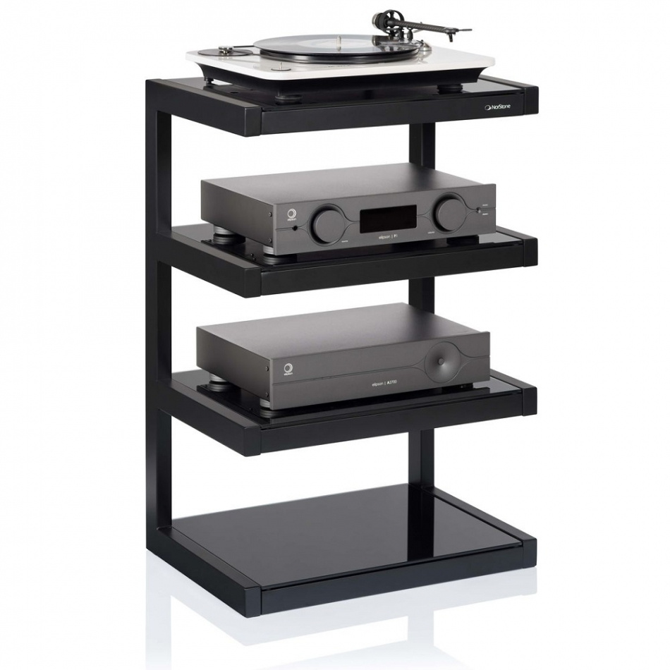 Mattsvart stereobänk med hyllor för skivspelare och elektronik.