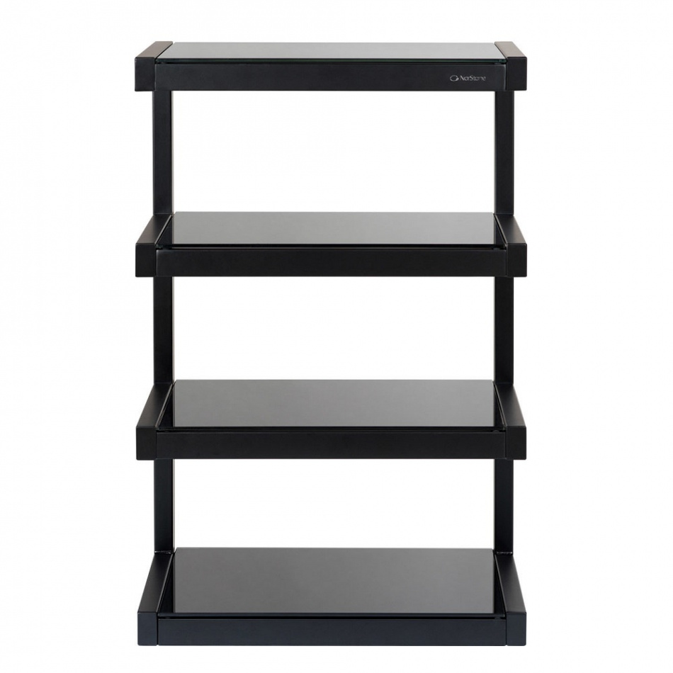 Mattsvart stereobänk med fyra hyllplan i svart glas.