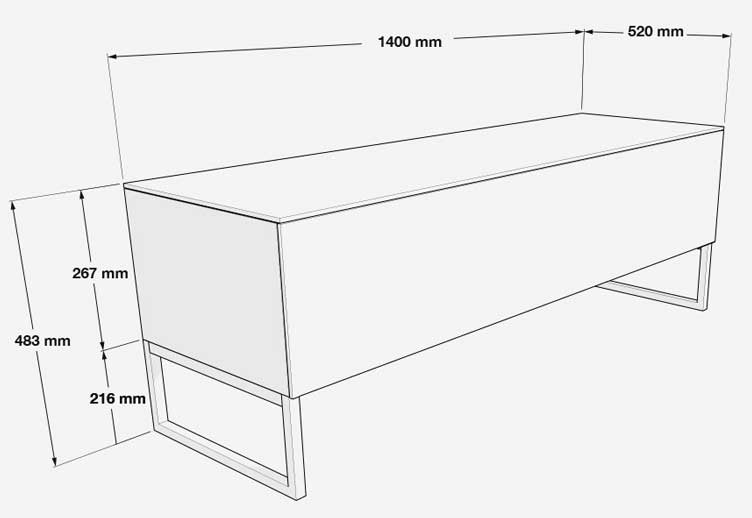 Mediabänk med måtten 1400x520x483 mm, minimalistisk design och pianofinish.