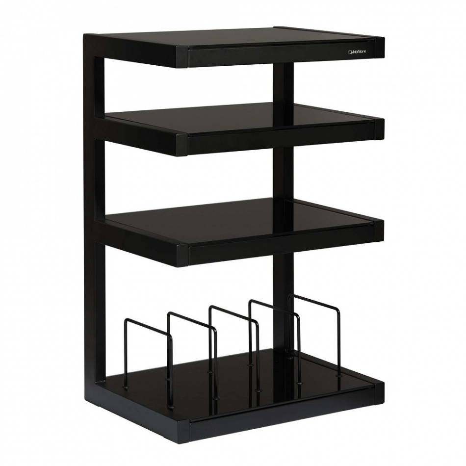 Mattsvart stereobänk med tre hyllor och plats för vinylskivor.