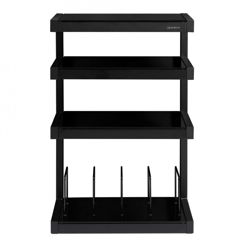 Mattsvart stereobänk med tre hyllor och plats för vinylskivor.