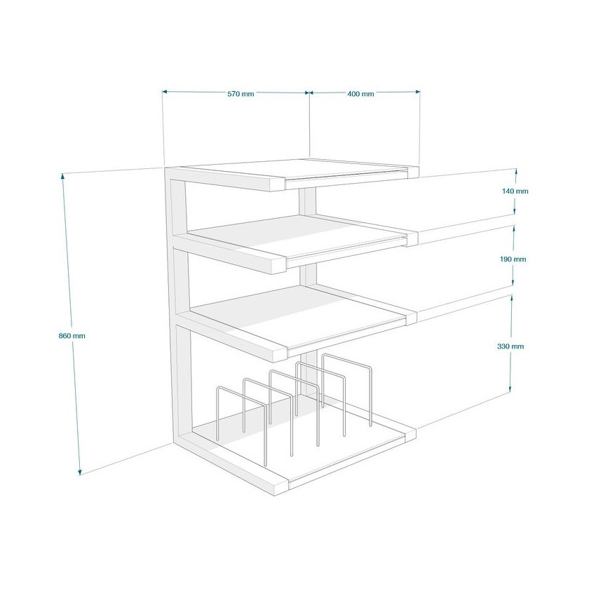 Stereobänk med fyra hyllor och avdelare för vinylskivor, mattsvart, måttangivelser.