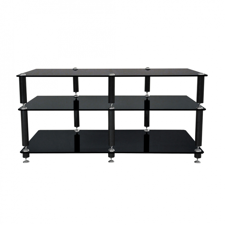 En mattsvart TV/mediabänk med tre hyllor och stabila ben.