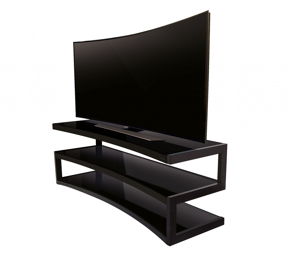 Mediabänk med böjd design i satin svart, för TV och elektronik.