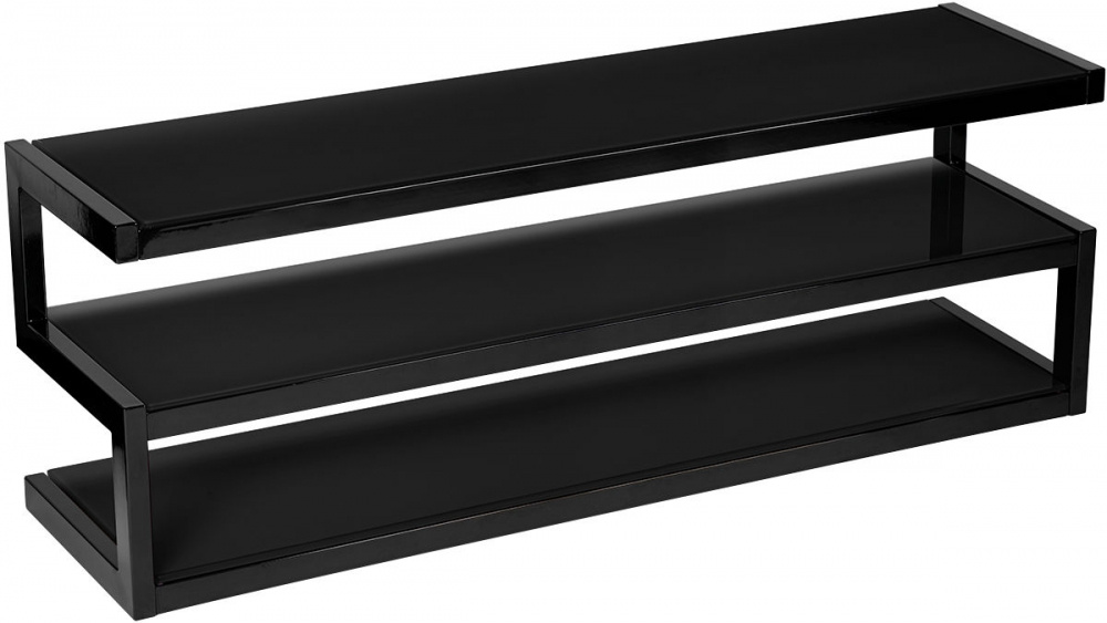 Mediabänk i pianosvart med två hyllor och stilren design.