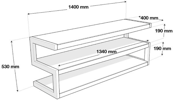 En mediabänk i pianosvart med två hyllor och modern design.