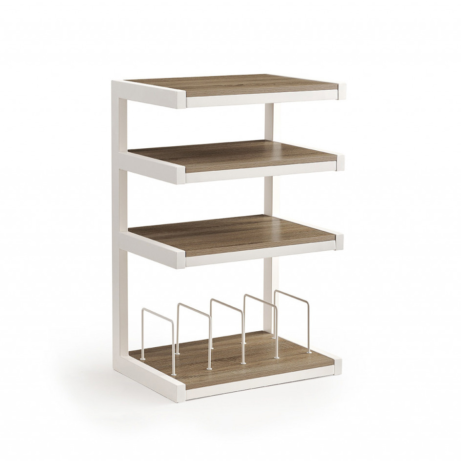 Vitt hyllsystem med ekhyllor och fack för vinylskivor.