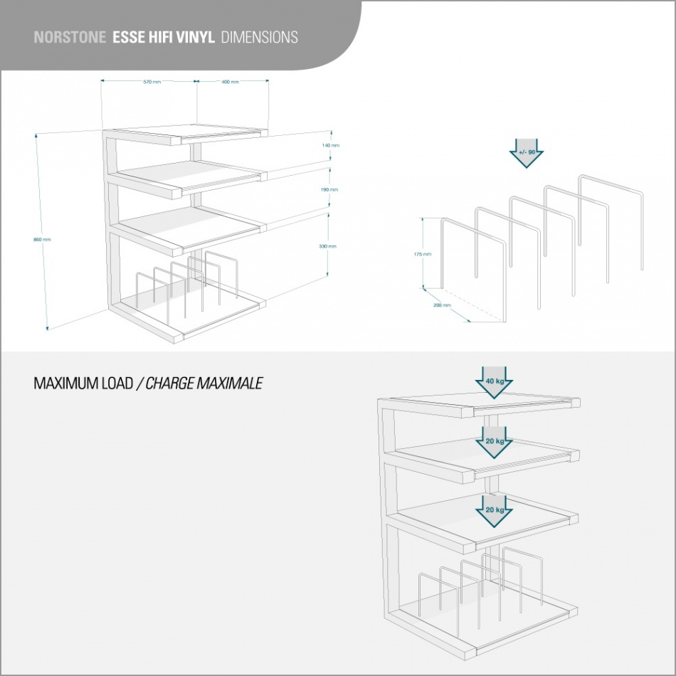 Hylla för vinyl, mattvit med ekhyllor och fack, dimensionsdetaljer.