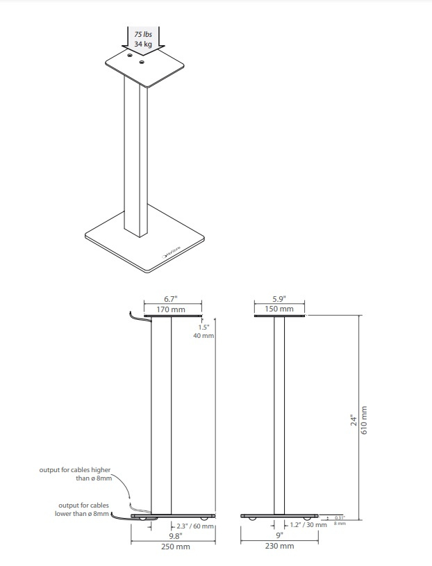 Högtalarstativ, 61 cm, mattsvart med röd fot, designat för stabilitet och kabelhantering.