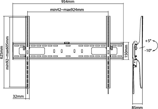 Teknisk ritning av tiltbart väggfäste för TV med mått och justeringsmöjligheter.