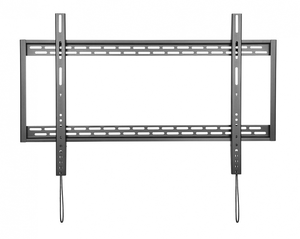 Väggfäste för TV, svart metall med justerbara skenor och säkerhetslina.
