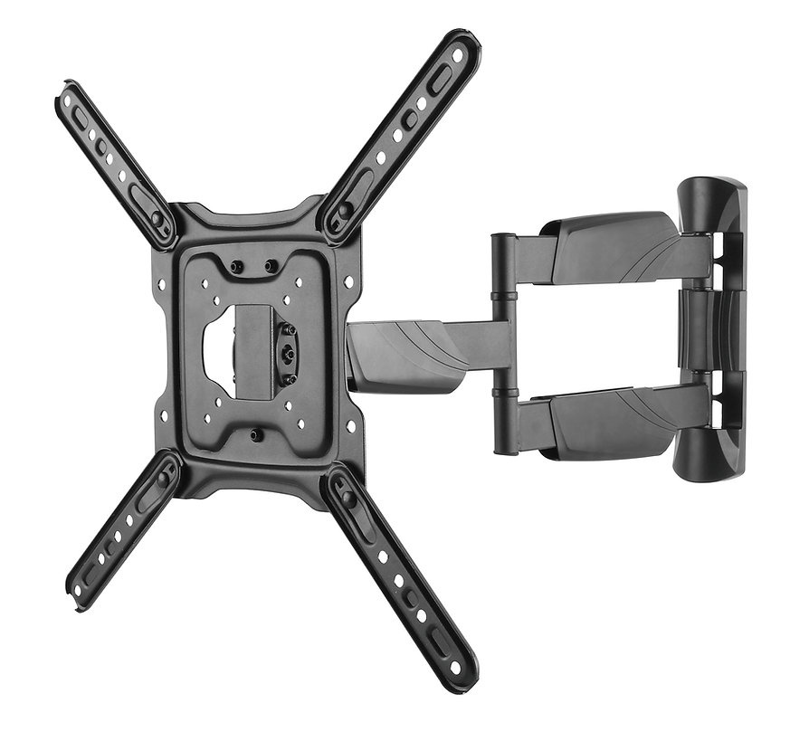 Vridbart väggfäste för TV med justerbara armar och svart design.