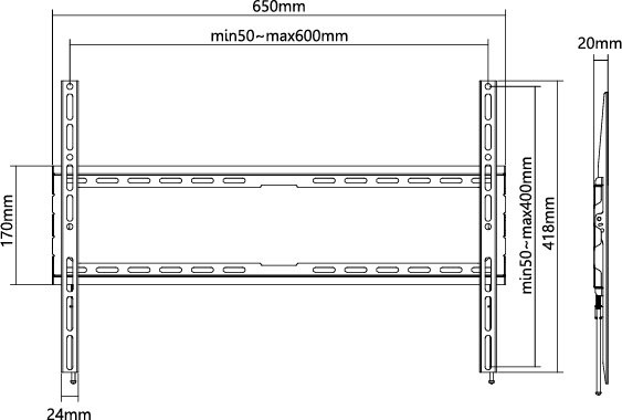 Väggfäste för TV med mått och monteringsalternativ.