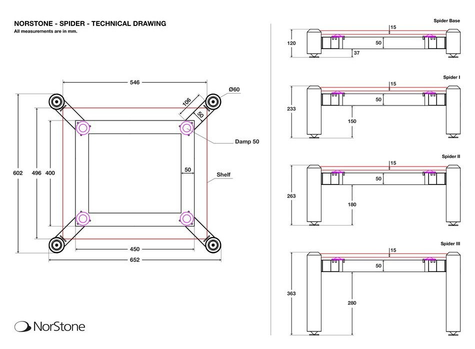 Teknisk ritning av Norstone Spider 2 hyllplan med mått och design.