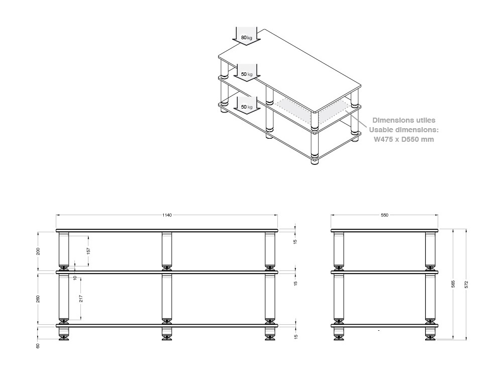 Mediabänk med tre hyllor, mattsvart finish, mått och viktangivelser.