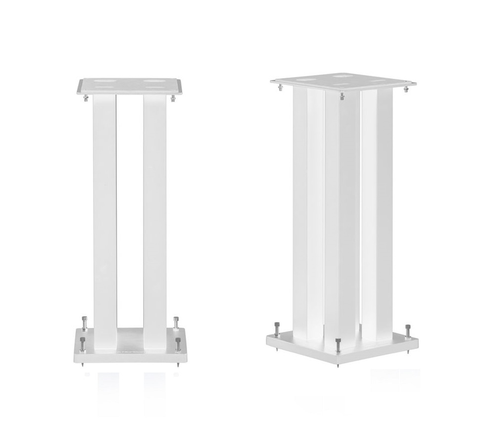 Högtalarstativ i vitt med fyrkantig topp och stabil tvåpelarsdesign.