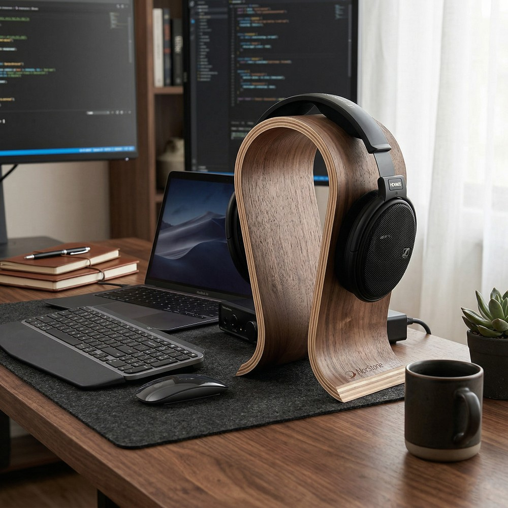 Norstone Wooden Headphone Stand, hörlursställ i valnöt