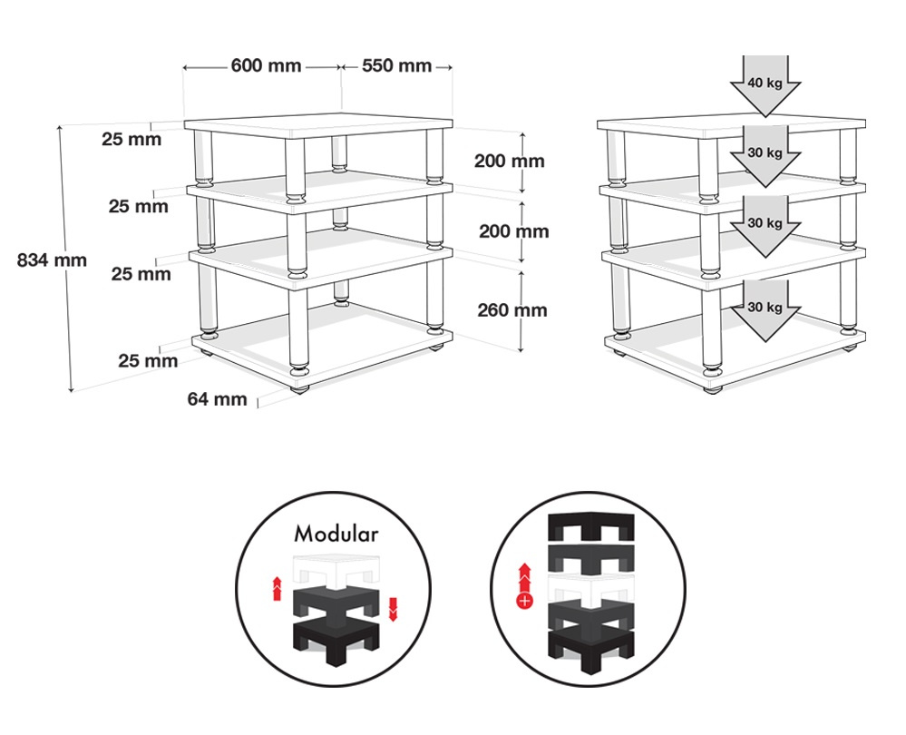 Stereobänk i bambu med mattsvarta ben, modulär design och specifikationer.