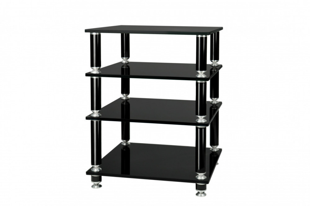 Svart stereobänk med fyra hyllplan och metallfötter. Modern och stilren design.