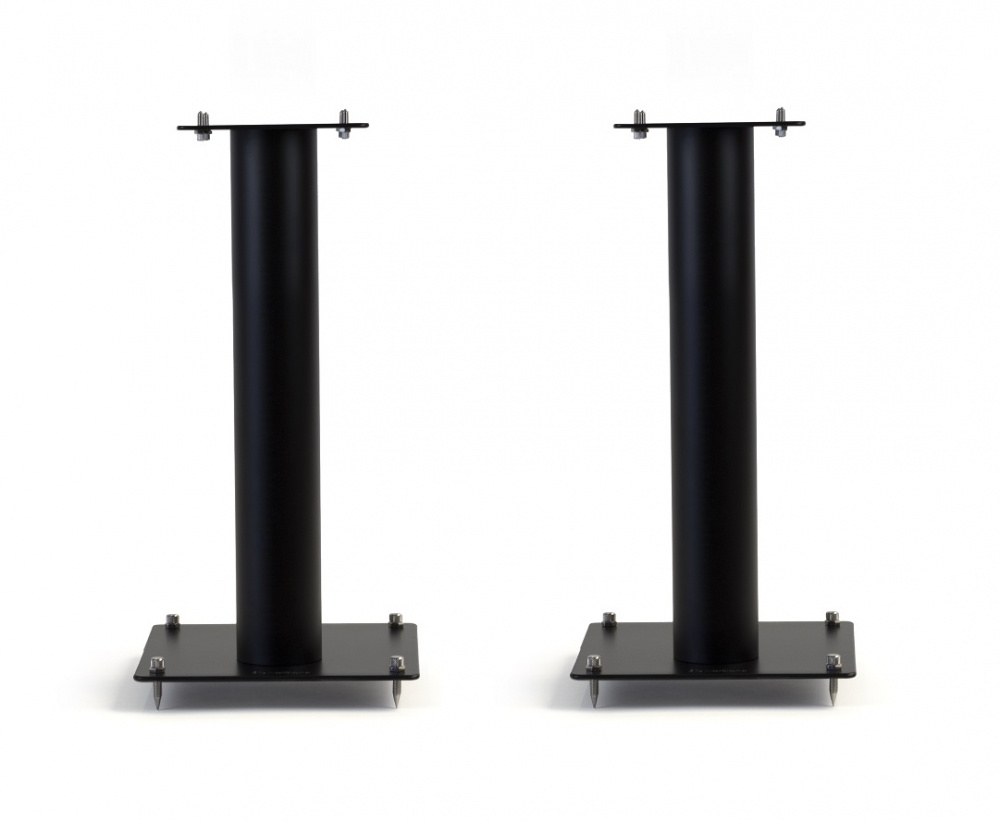 Högtalarstativ i mattsvart metall, 50 cm höga. Stabil design och justerbar.