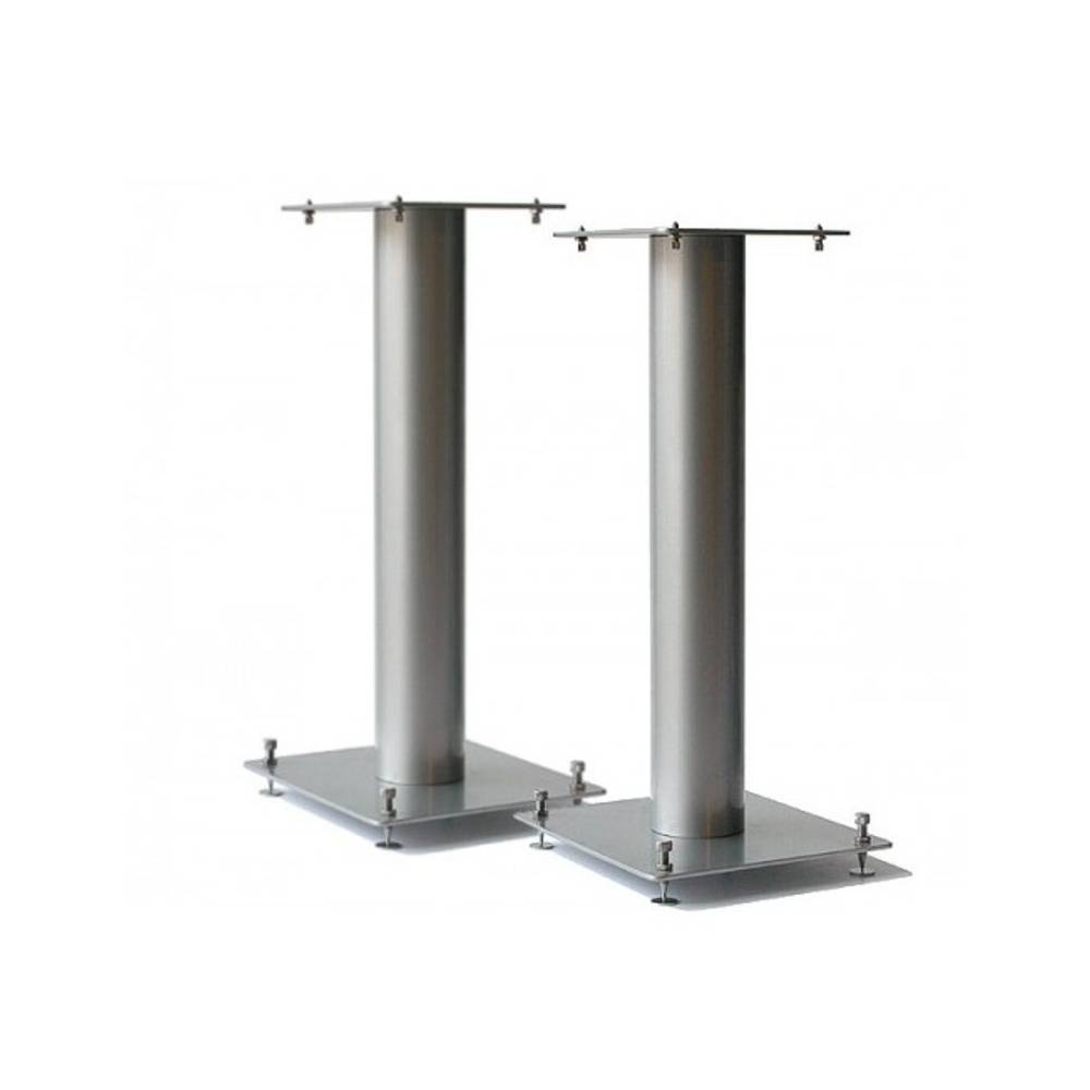 Högtalarstativ i matt silver, 50 cm höga, med stabil bas och ren design.