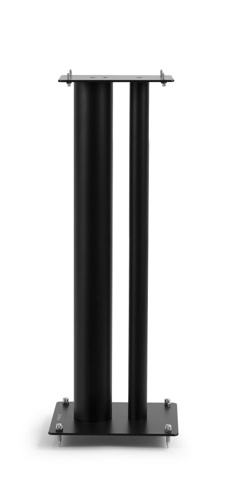 Högtalarstativ i mattsvart med två pelare och stabil bas, 80 cm höga.