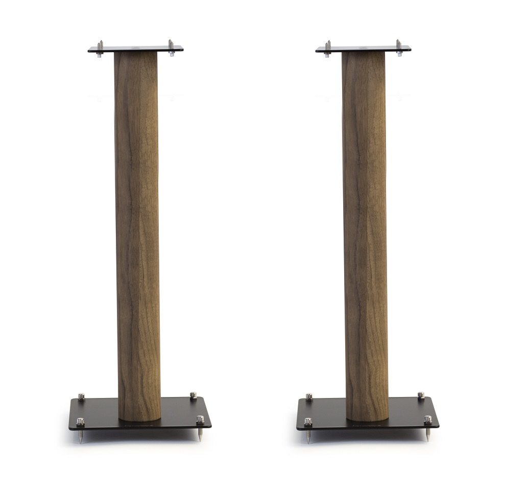 Högtalarstativ i ek med svart bas, 80 cm höga, två stycken i bild.