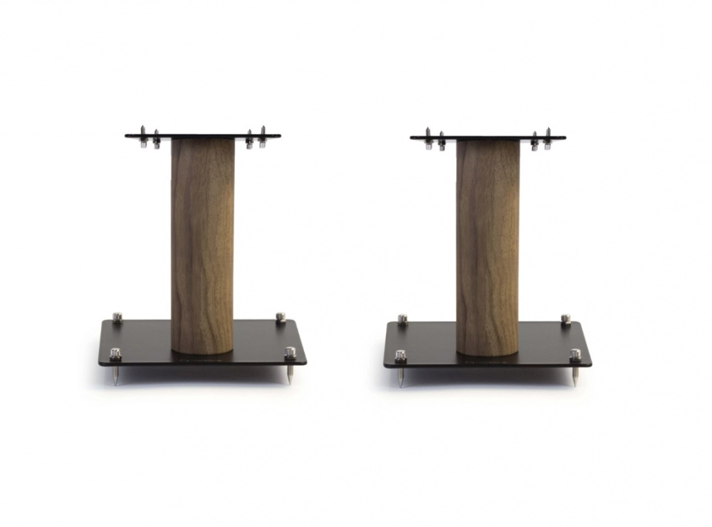 Högtalarstativ i ek med svart bas, 20 cm hög design.