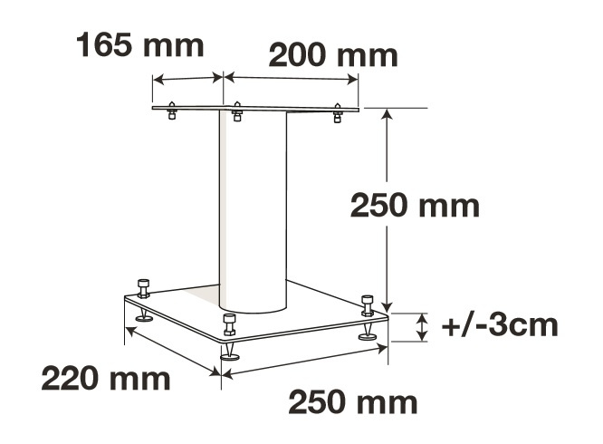 Högtalarstativ med mått för stabil placering av högtalare. Mattvit design.