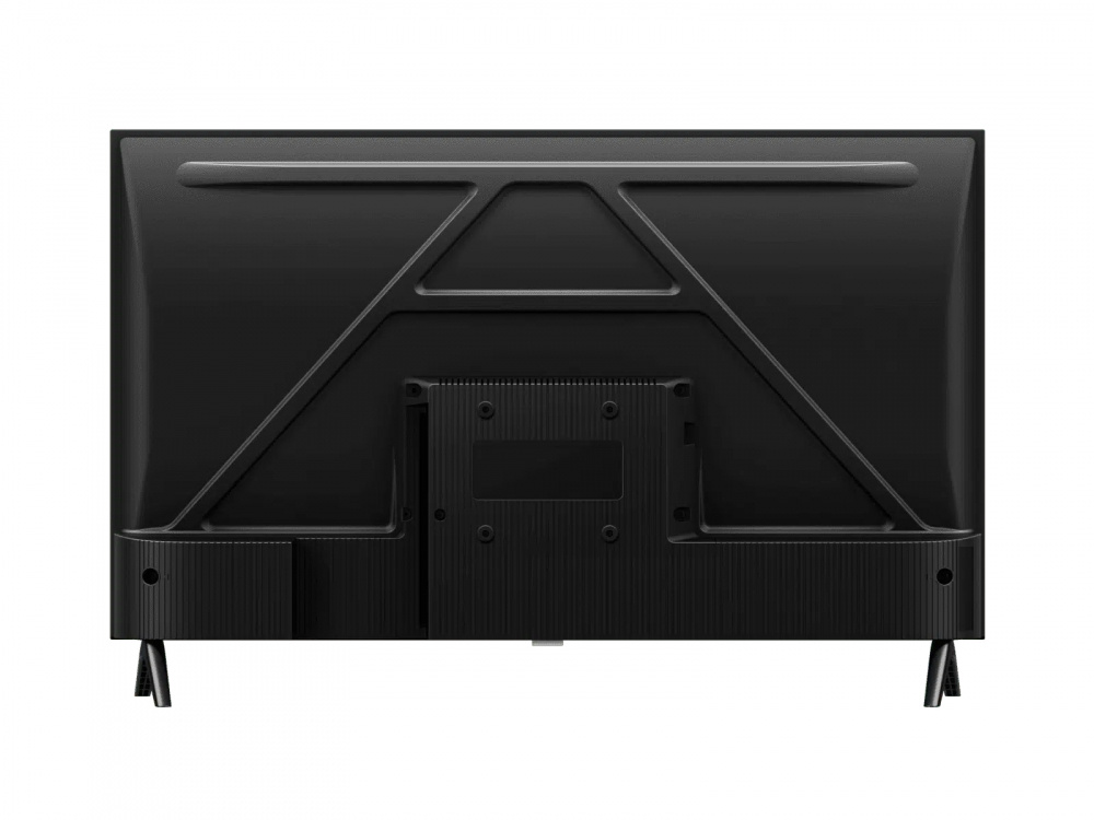 Baksidan av en TCL 32 tum Smart TV med svart design och stödben.