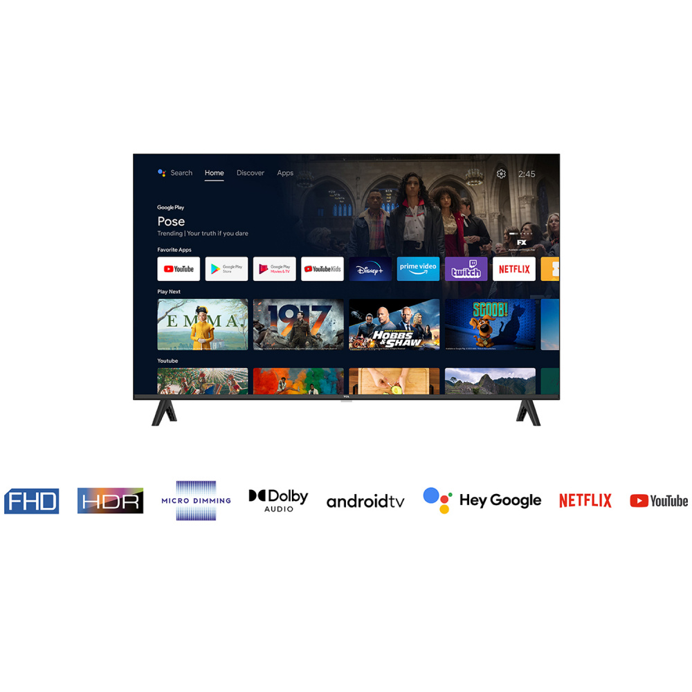 En 40 tum Full HD Smart Android-TV med appmeny och streamingtjänster.