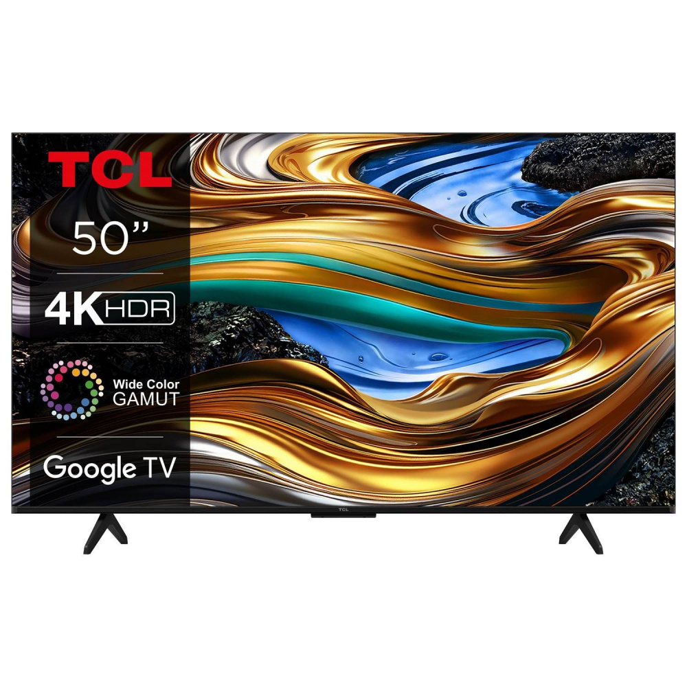 TCL 50P755, 50 tum 4K LED Google TV med färgglad bakgrund.