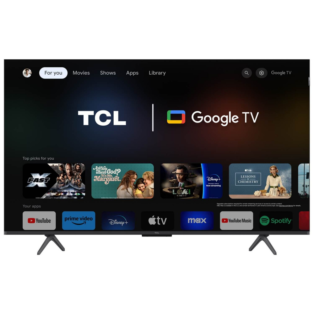 En 55-tums TCL TV med Google TV och appar för streamingtjänster.