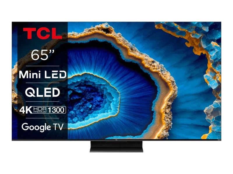 TCL 65-tums QD-Mini LED 4K TV med färgglad grafik och detaljerad design.