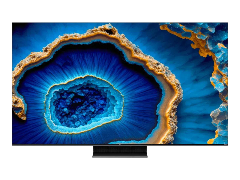 En TV med en färgstark och detaljerad bild av en blå agatsten.