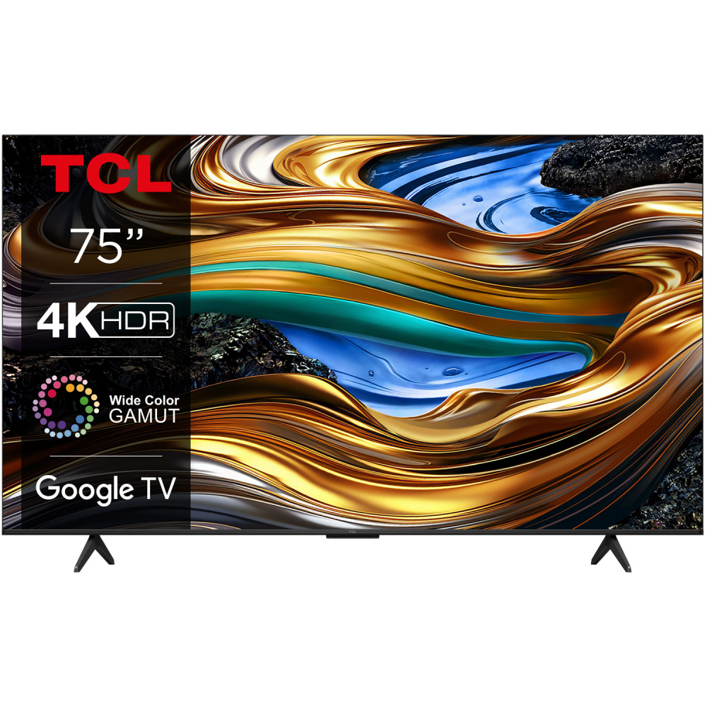 En 75-tums 4K LED-TV med färgglad design och Google TV-funktionalitet.