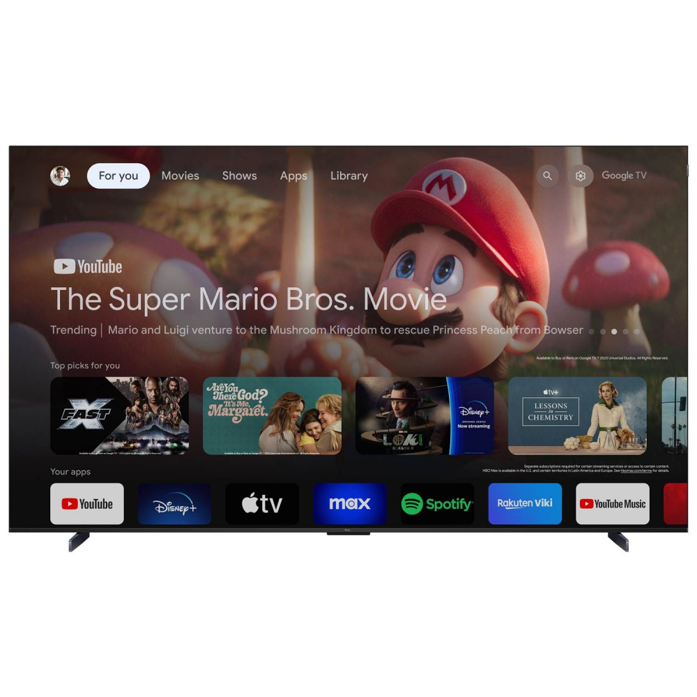 En stor TV-skärm med appar som YouTube, Disney+ och Apple TV, samt en Mario-animation.