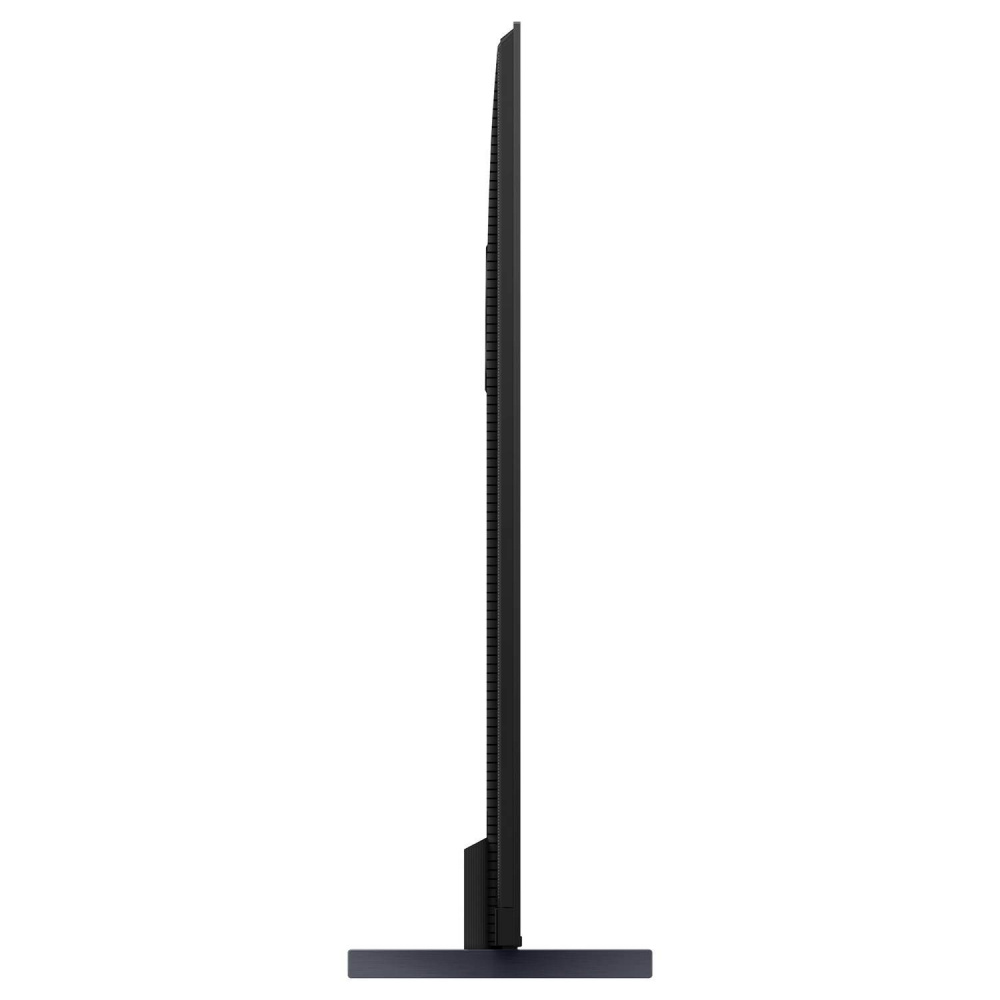En smal TV i svart med en stabil bas, sedd från sidan.
