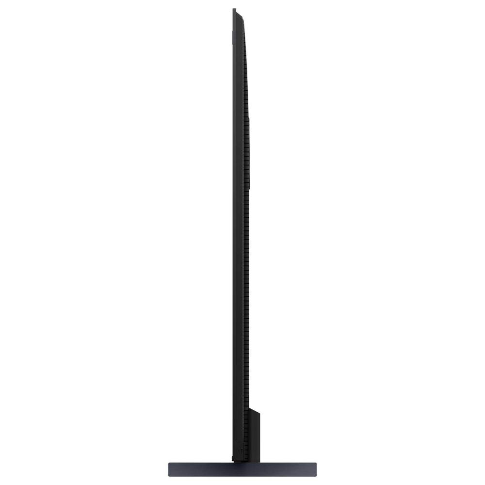 En smal, svart TV med rak profil och en solid bas.