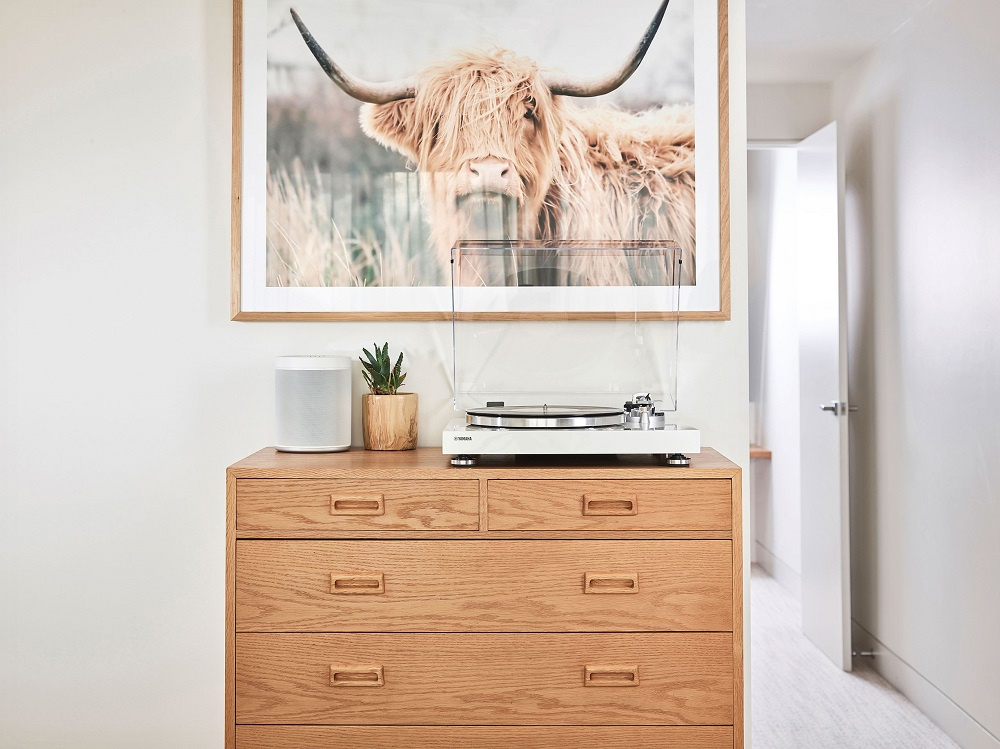 En stilren skänk med vinylspelare, högtalare och en planta.