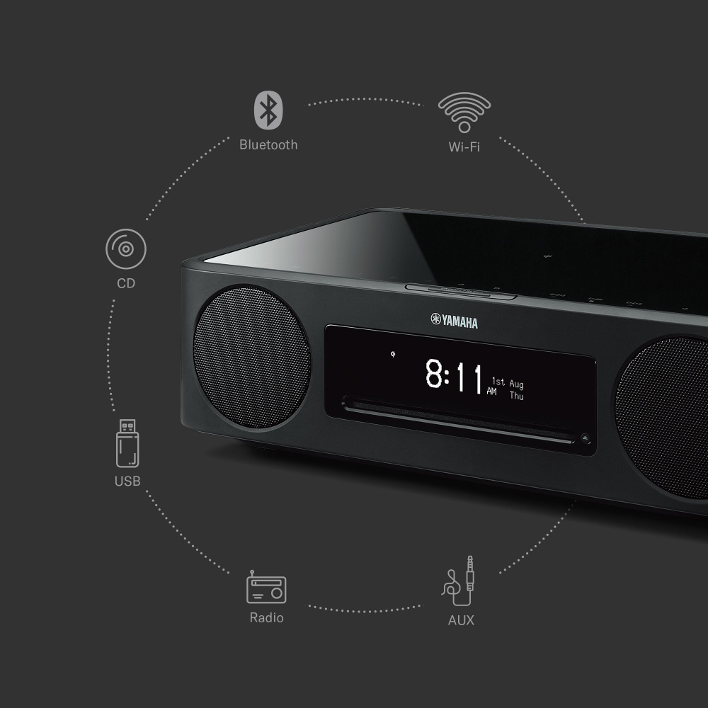 Svart internetradio med Bluetooth, Wi-Fi, CD-spelare och klockdisplay.