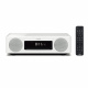 Yamaha MusicCast 200 internetradio med Wi-Fi, CD-spelare & mer, vit Vitt ljudsystem med klockdisplay och fjärrkontroll.