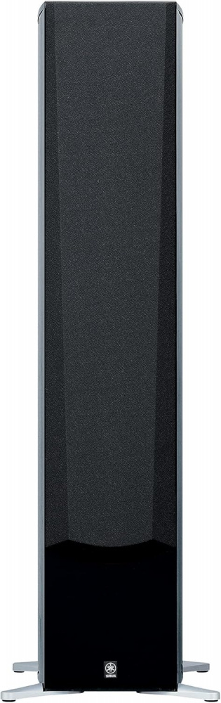 En svart golvhögtalare med elegant design och slät yta.